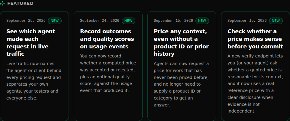Four featured release notes sitting side by side in one row