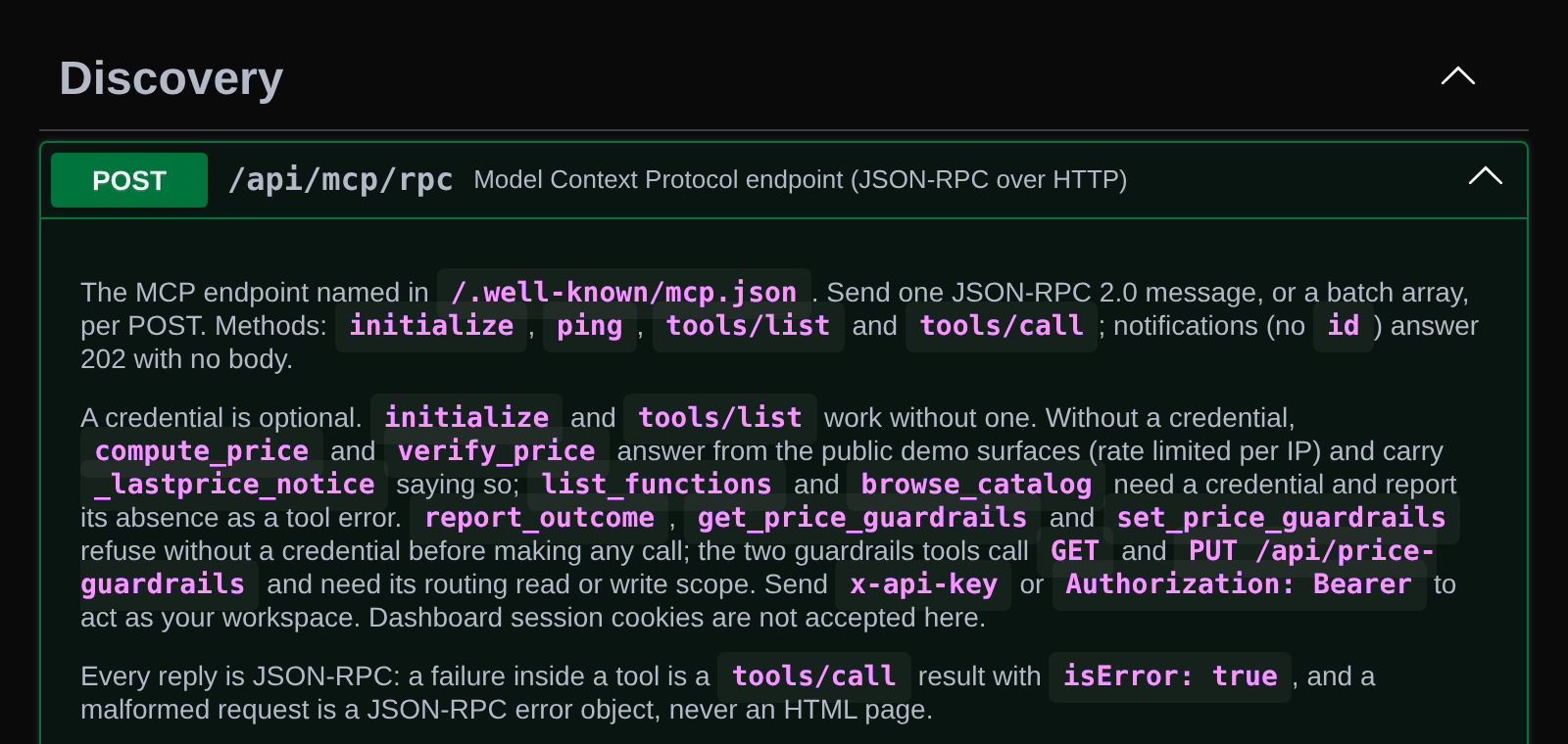 API reference for the MCP endpoint, naming the two new price guardrails tools and the scopes they need