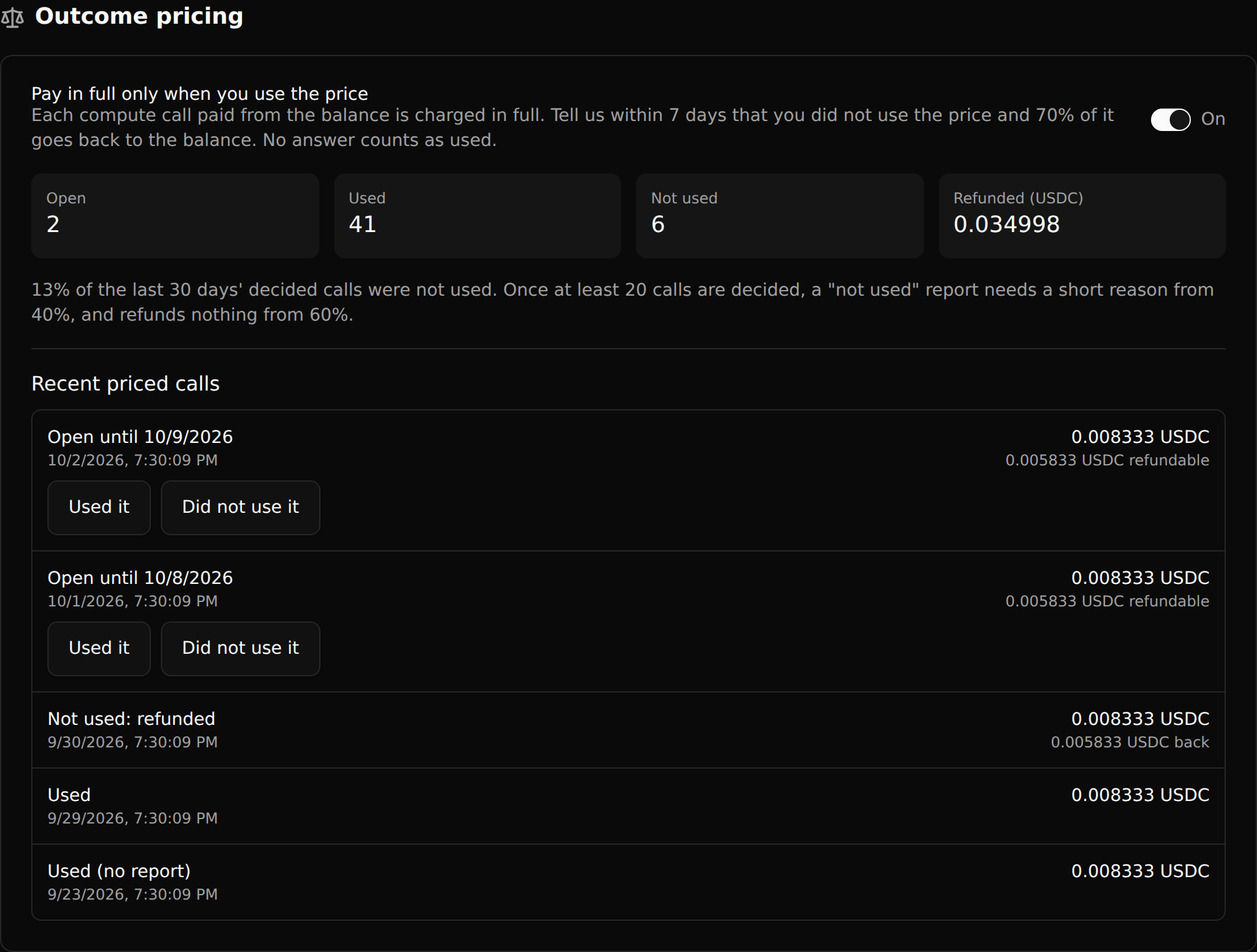 The Outcome pricing section in Billing, with the switch turned on, totals for open, used, not used and refunded, and recent priced calls with Used it and Did not use it buttons