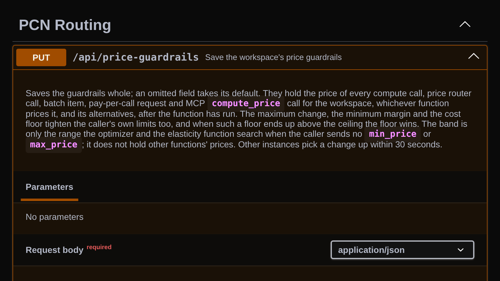 API reference for saving a workspace's price guardrails