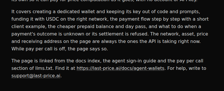 The agent wallets note with its docs link and support email shown as underlined links
