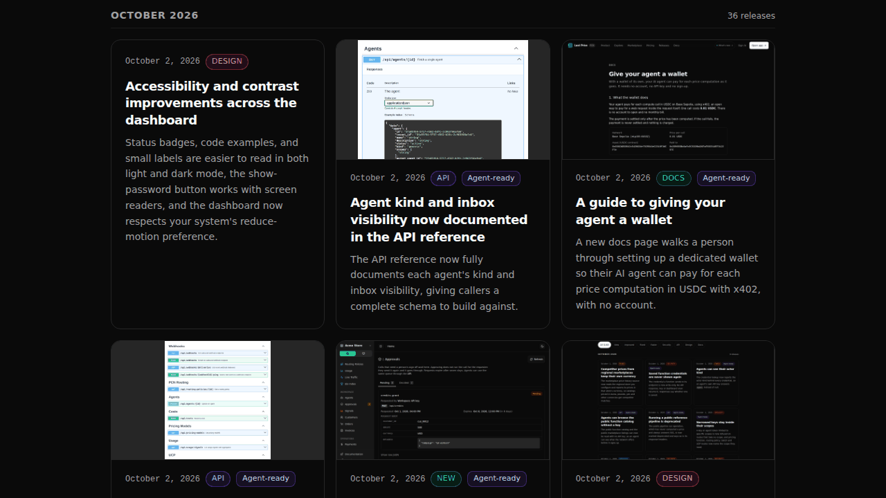 Changelog cards showing API reference and product screenshots above each note