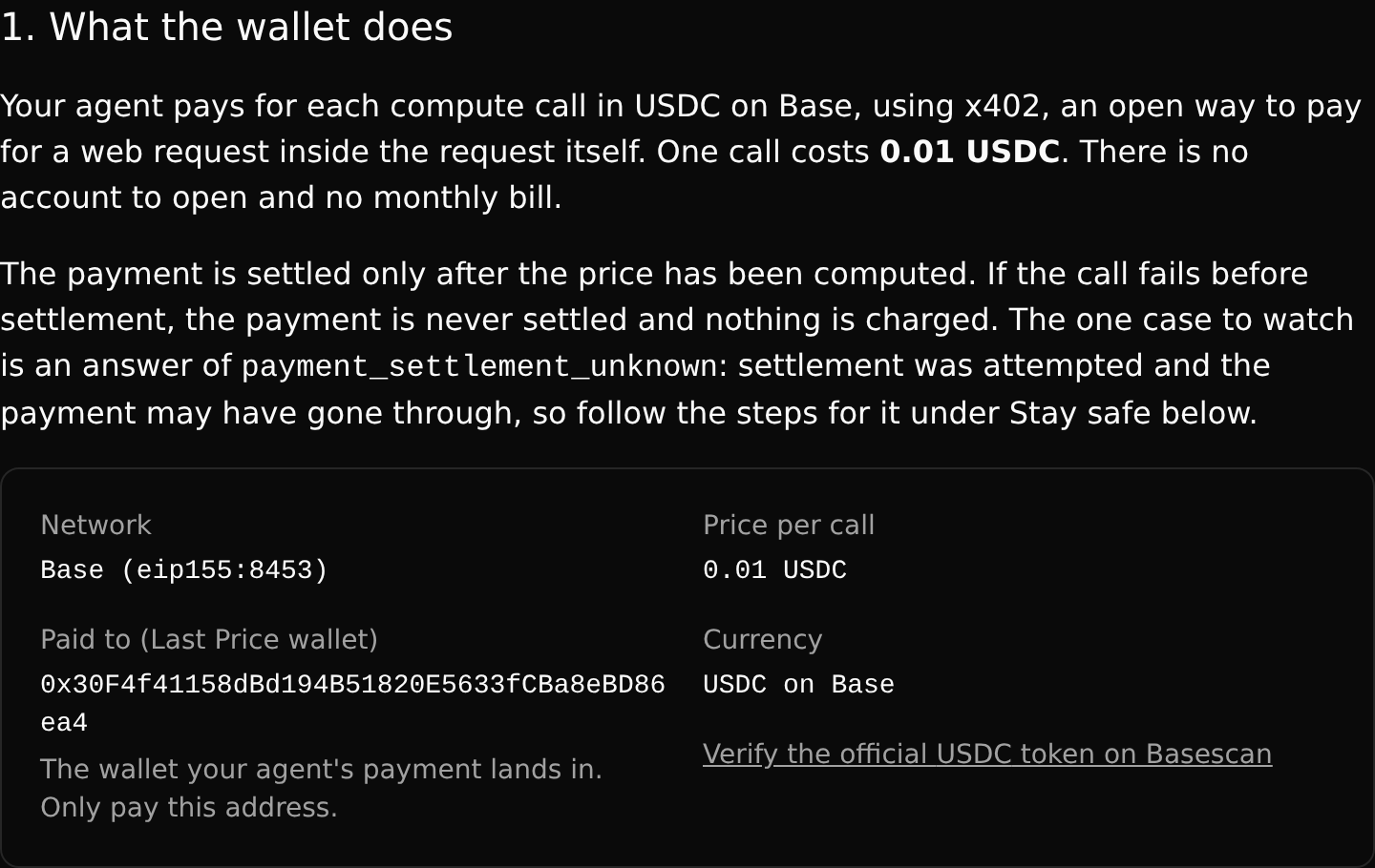 The agent wallet guide summary with network, price, the Paid to wallet address and Currency USDC on Base