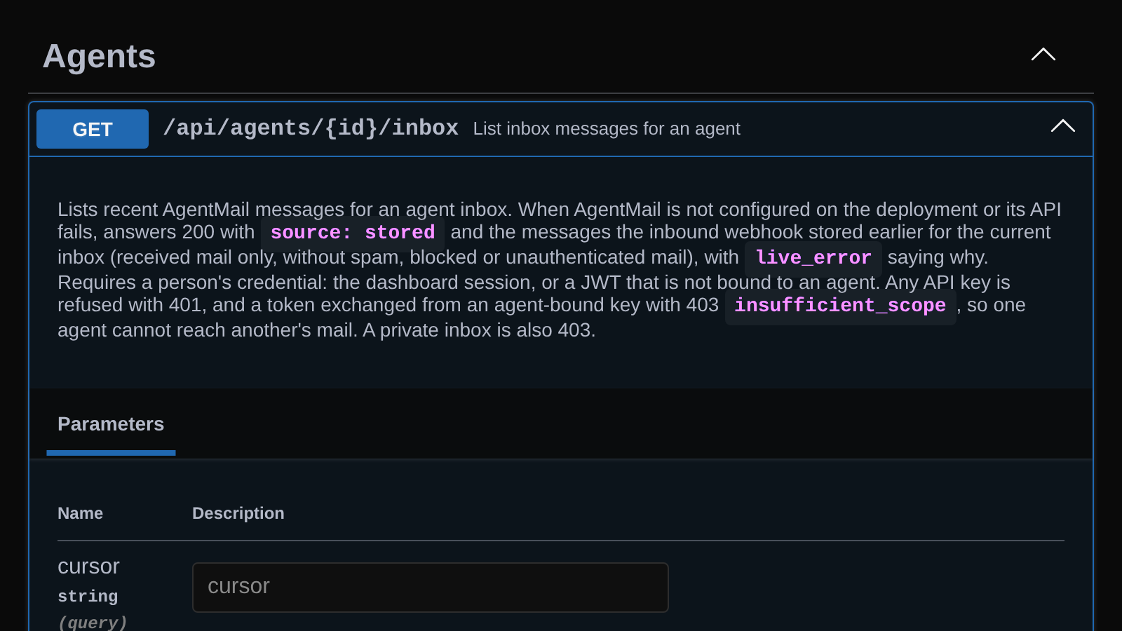 API reference for GET /api/agents/{id}/inbox