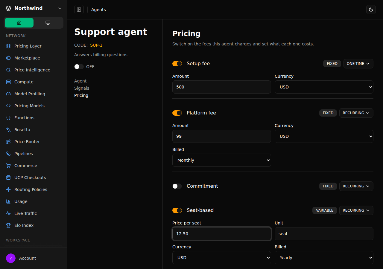 The agent setup pricing step in dark mode with a 500 USD setup fee, a 99 USD monthly platform fee and a 12.50 USD per seat fee billed yearly