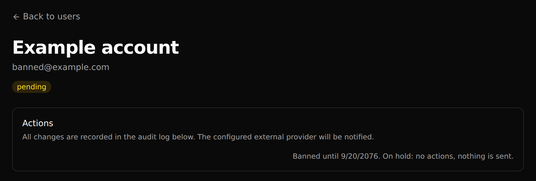 Staff user page for a banned account, showing it is on hold with no approve or reject actions
