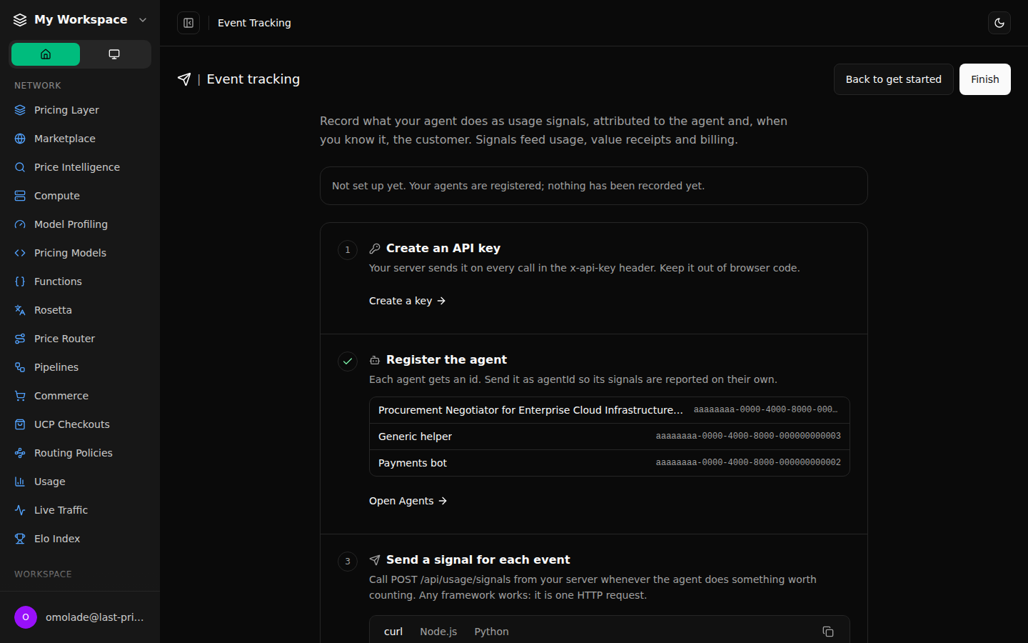 The event tracking guide in dark mode with four numbered setup steps and a curl example