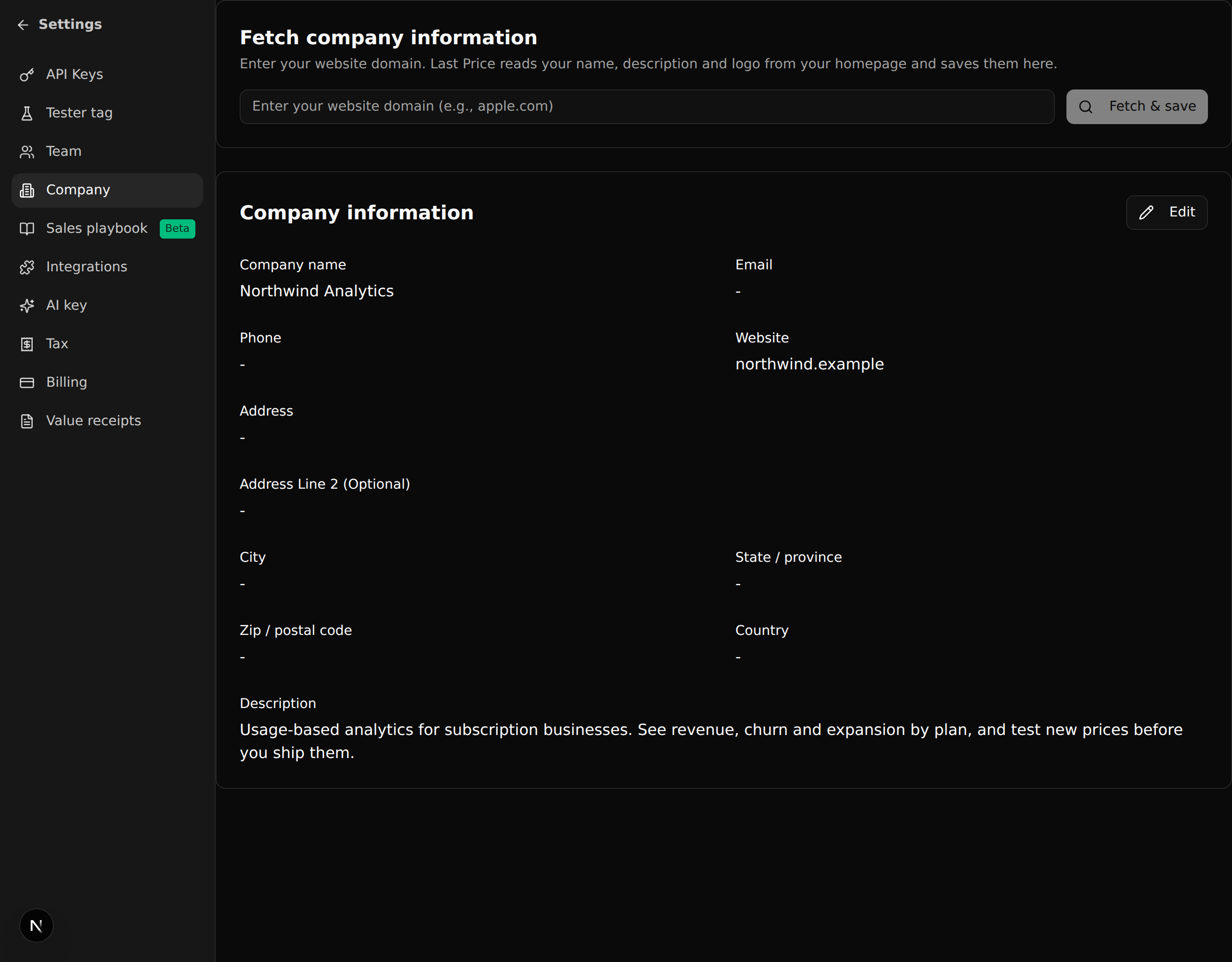 Company settings in dark mode with the company name, website and description filled in from the company website
