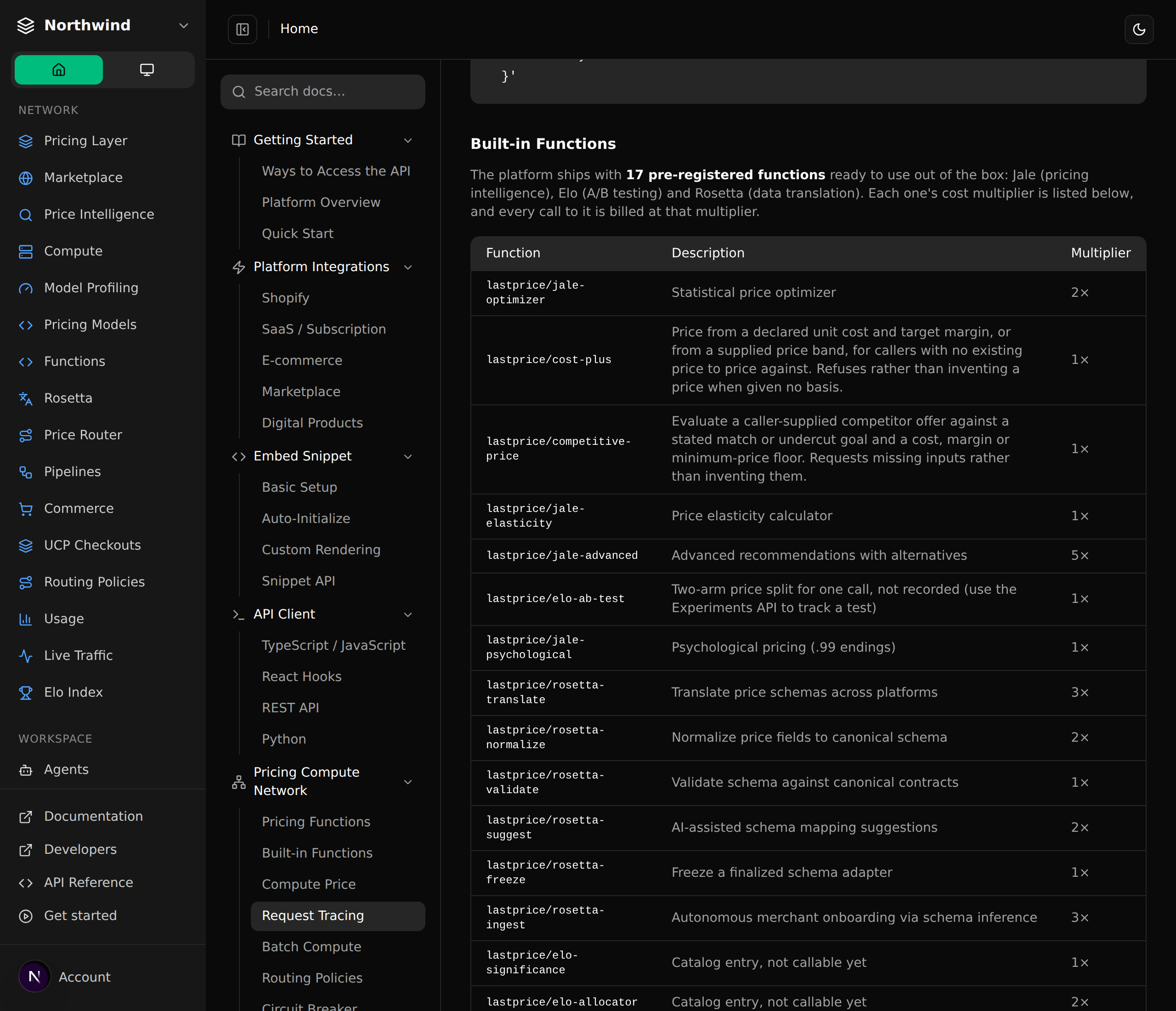 The documentation's built-in functions table in dark mode, with each function's cost multiplier