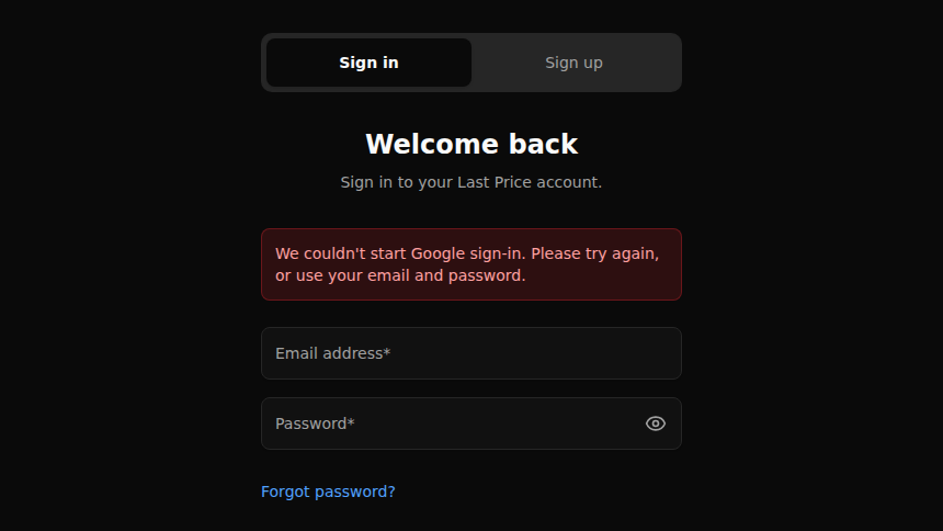 The sign-in page in dark mode with the message "We couldn't start Google sign-in. Please try again, or use your email and password."