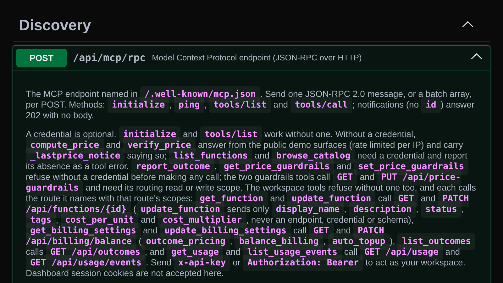 API reference for the MCP endpoint, naming the seven new workspace tools and the routes each one calls