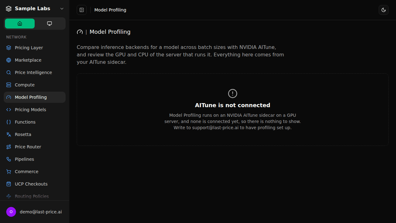 The Model Profiling page in dark mode saying profiling is not connected, with no sample numbers