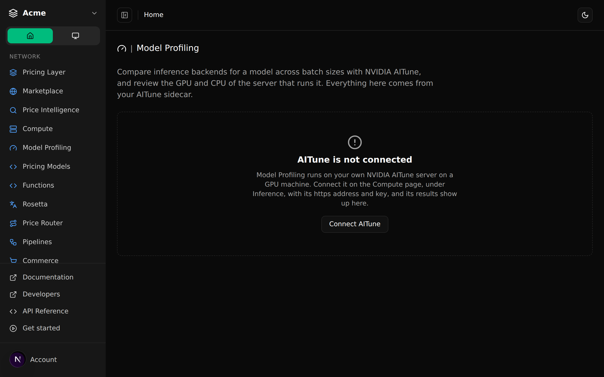 The Model Profiling page in dark mode saying AITune is not connected, with a Connect AITune button