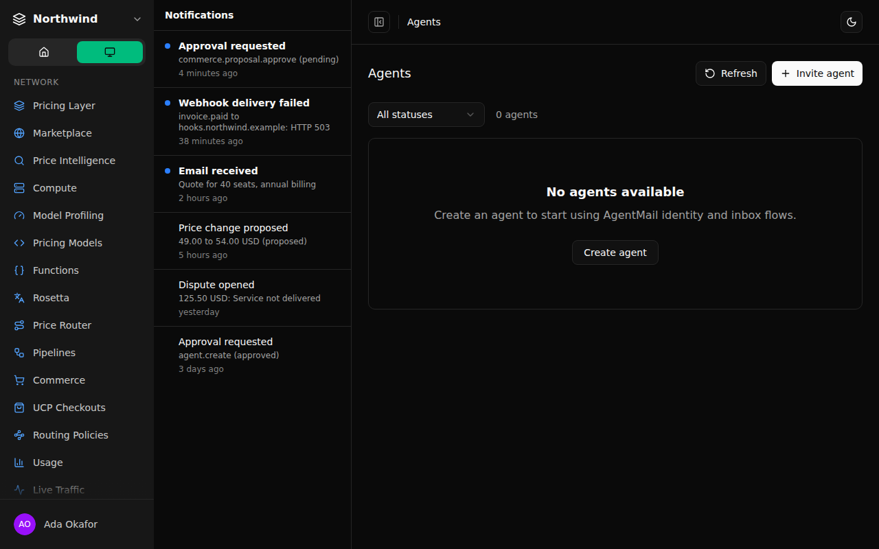 The sidebar Notifications panel in dark mode listing an approval request, a failed webhook delivery, an agent email, a price proposal and a dispute, each with how long ago it happened