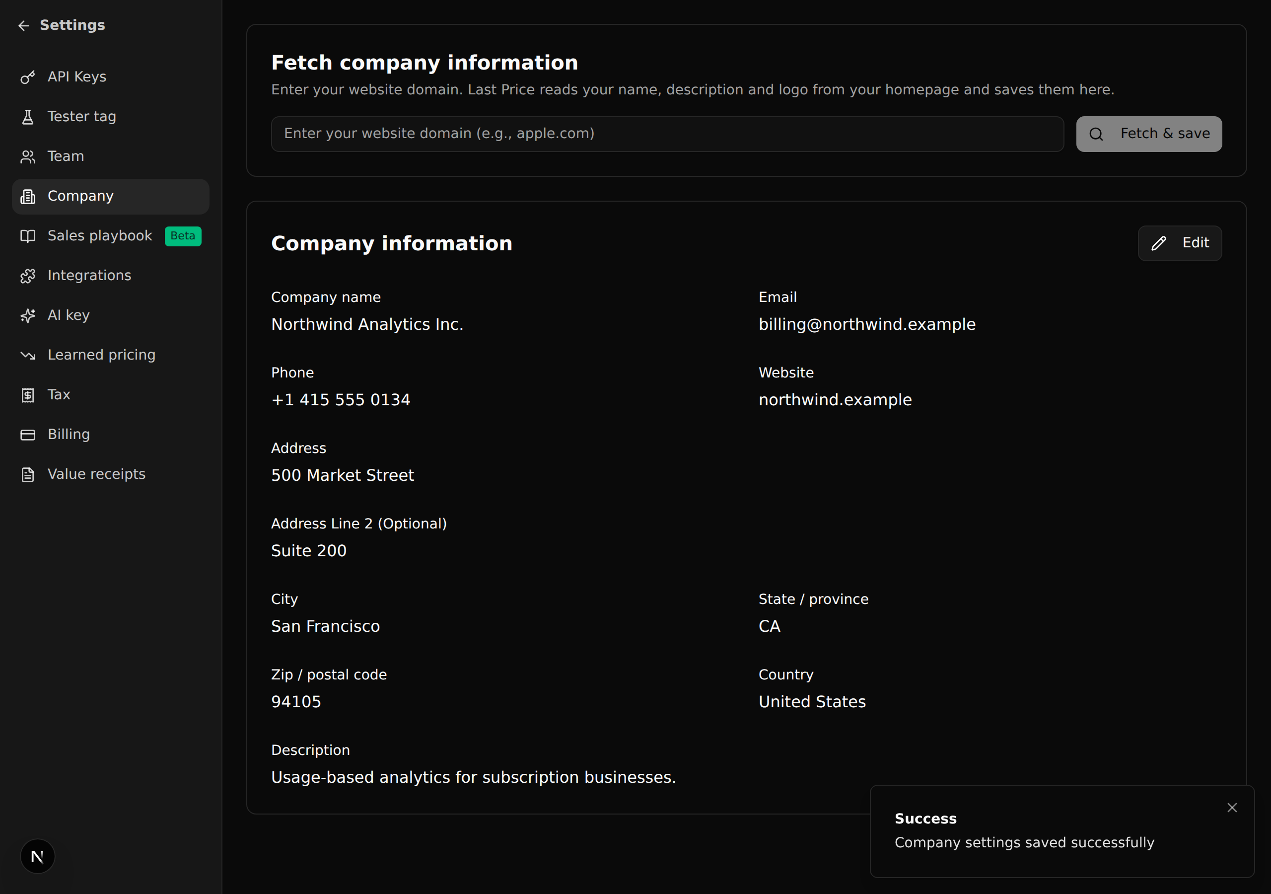Settings, Company in dark mode with a notification in the corner that reads Success, Company settings saved successfully