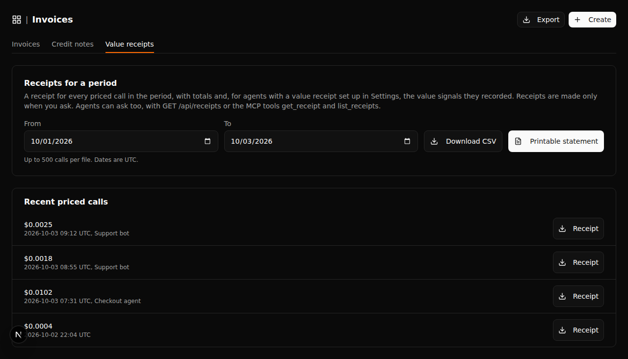 The Value receipts tab on the Invoices page in dark mode, with a date range, CSV and printable statement buttons, and recent priced calls each with a Receipt button