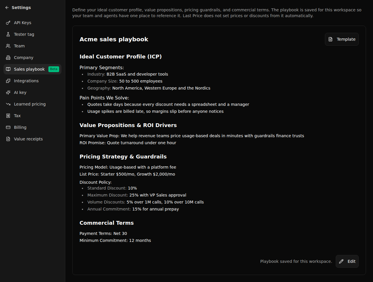 Settings, Sales playbook in dark mode with a saved industry, pricing model, discount policy and payment terms