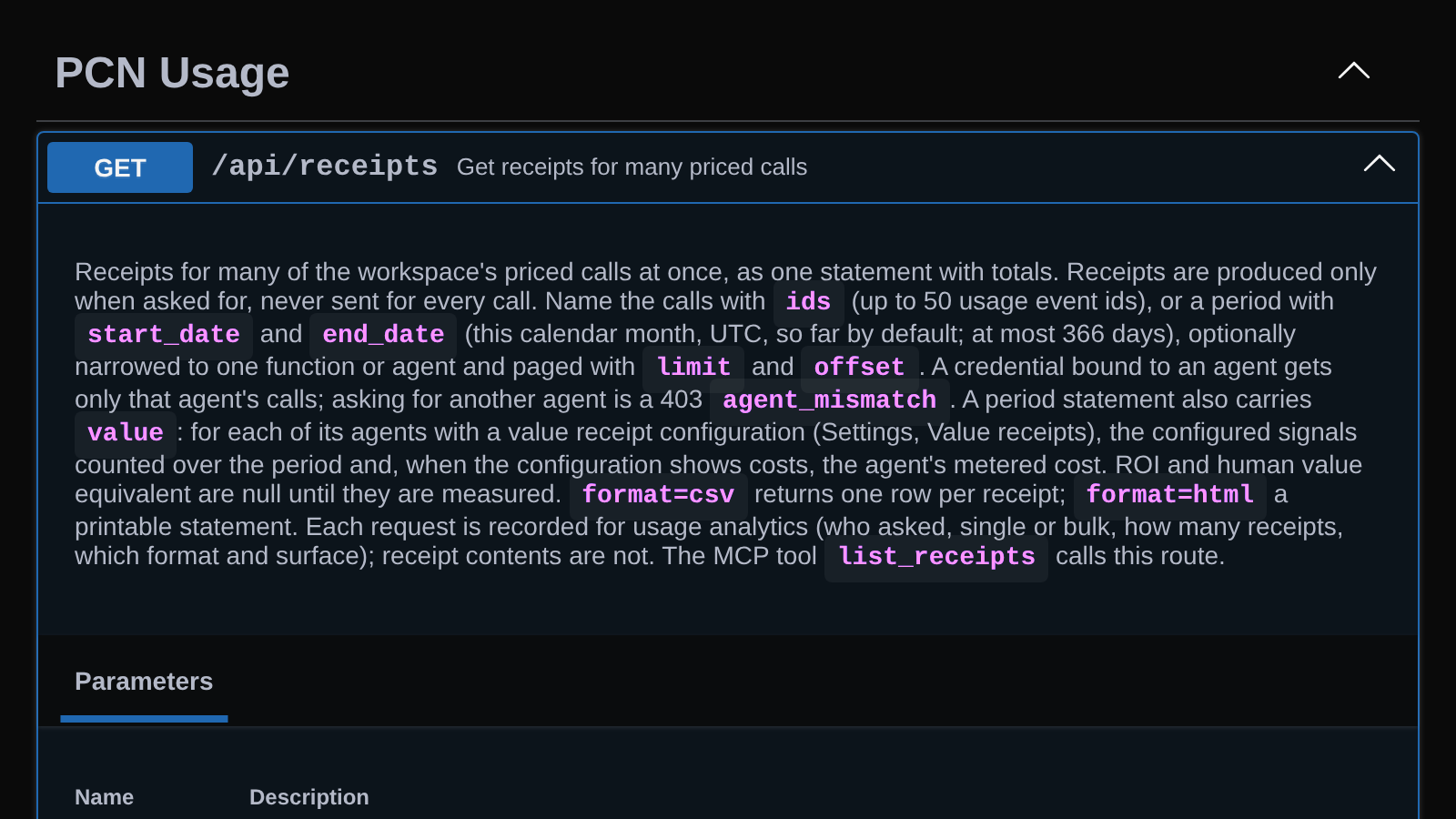 API reference for GET /api/receipts