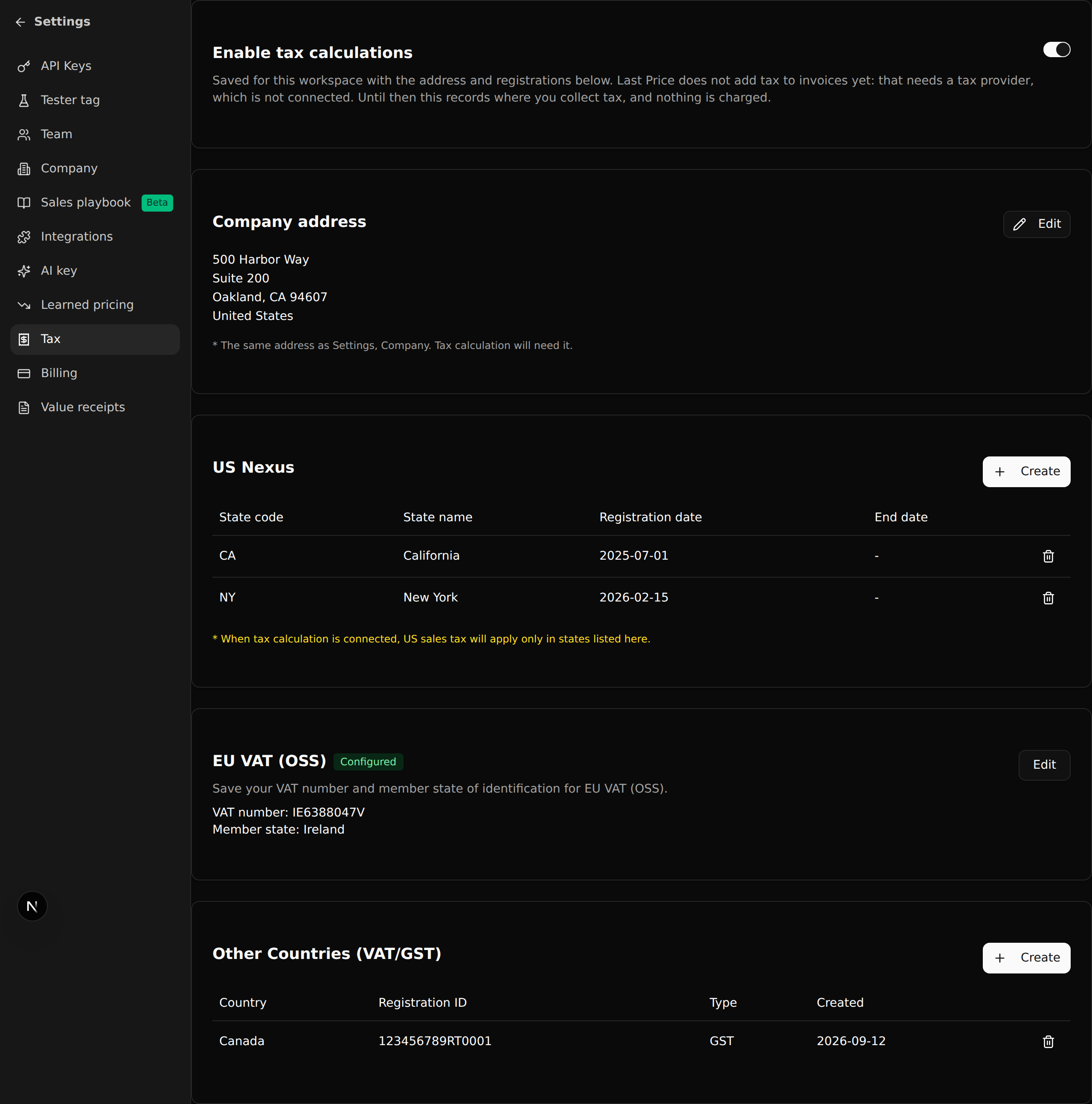 Settings, Tax in dark mode with a saved company address, two US nexus states, an EU VAT number and a Canadian GST registration