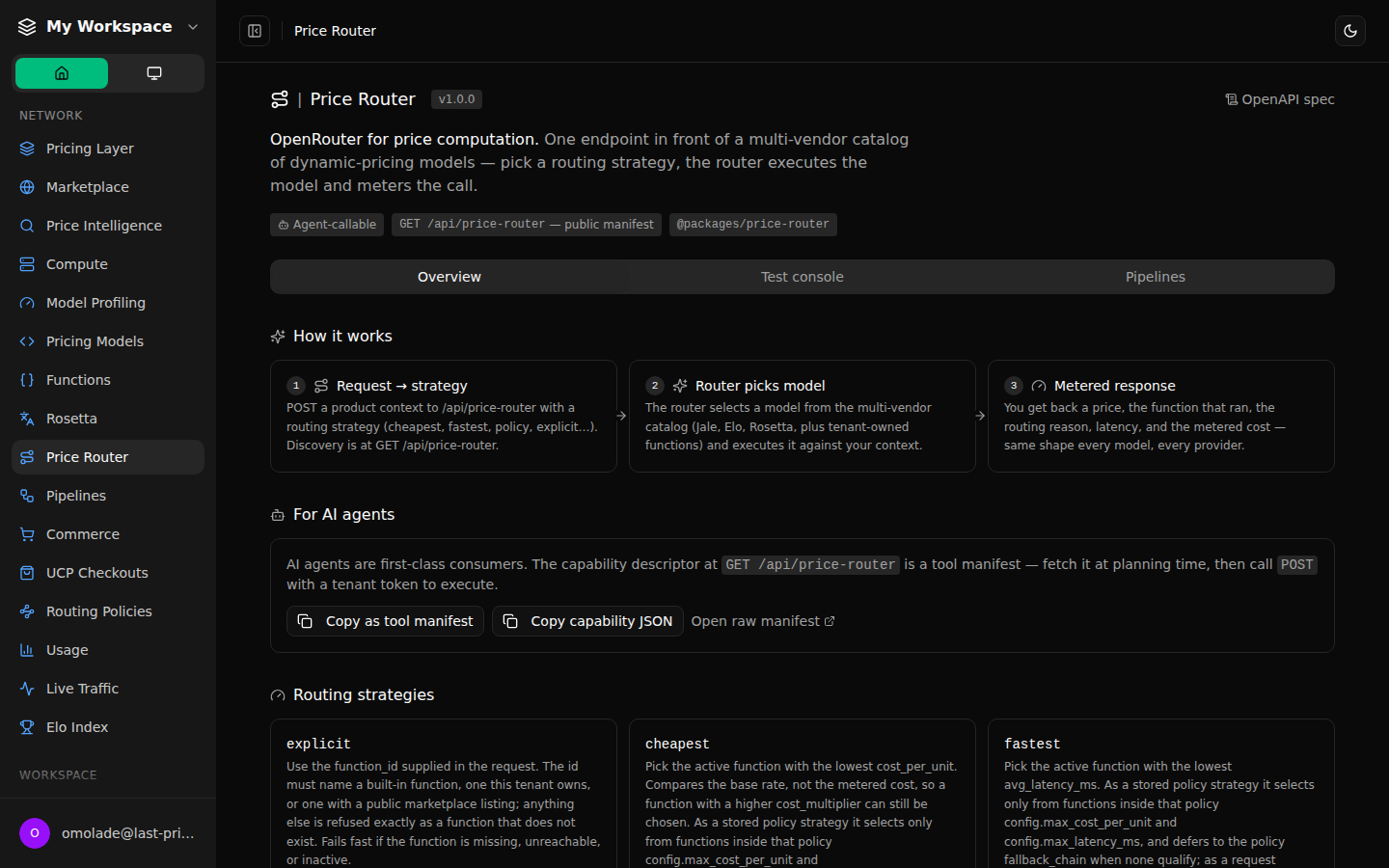 The Price Router page in dark mode with "Price Router" in the header and highlighted in the sidebar