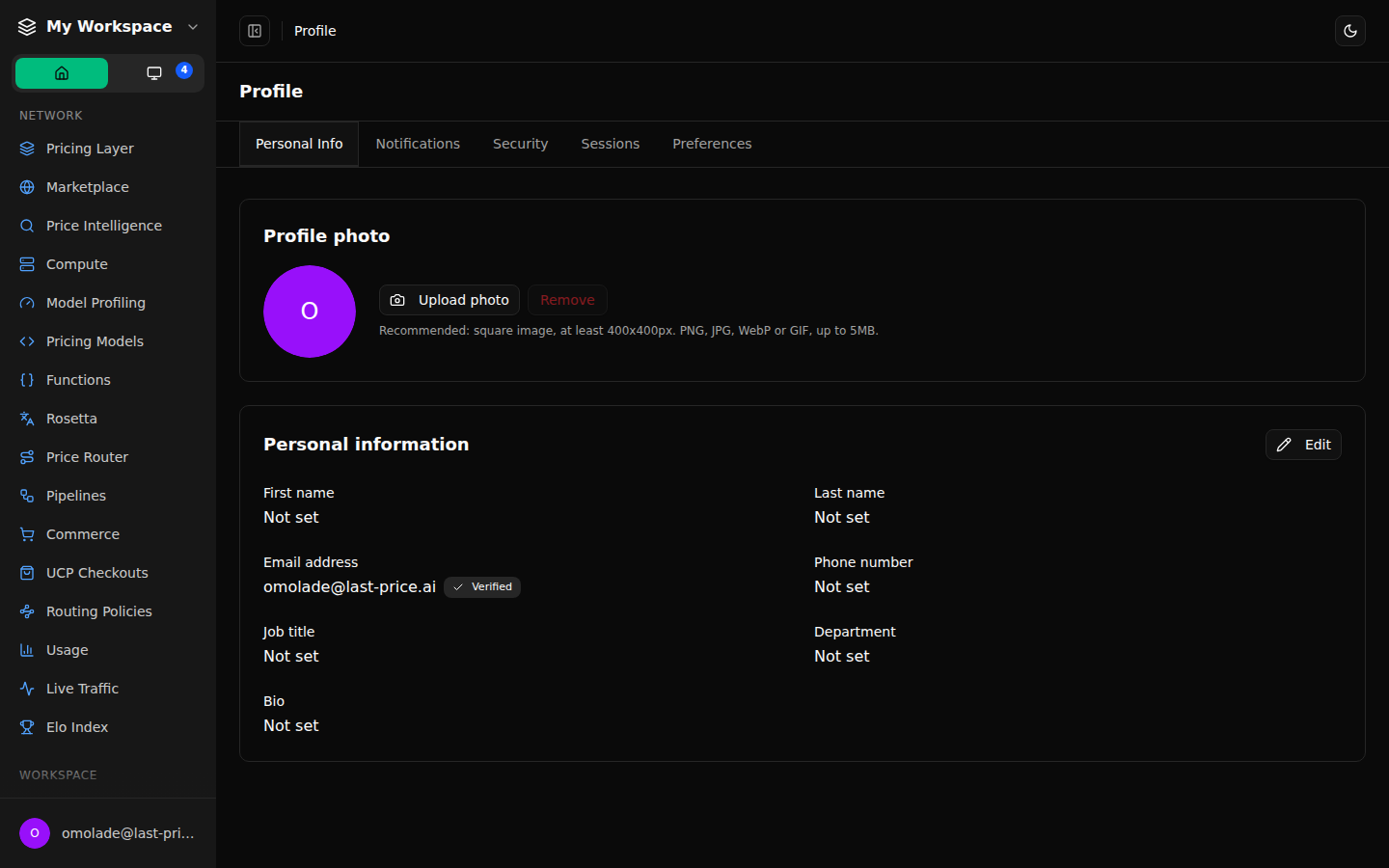 The profile page in dark mode with the Upload photo button and the note listing PNG, JPG, WebP or GIF up to 5MB