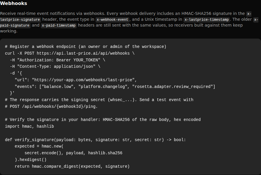 The webhooks section of the API documentation in dark mode naming the x-lastprice-signature and x-lastprice-timestamp headers