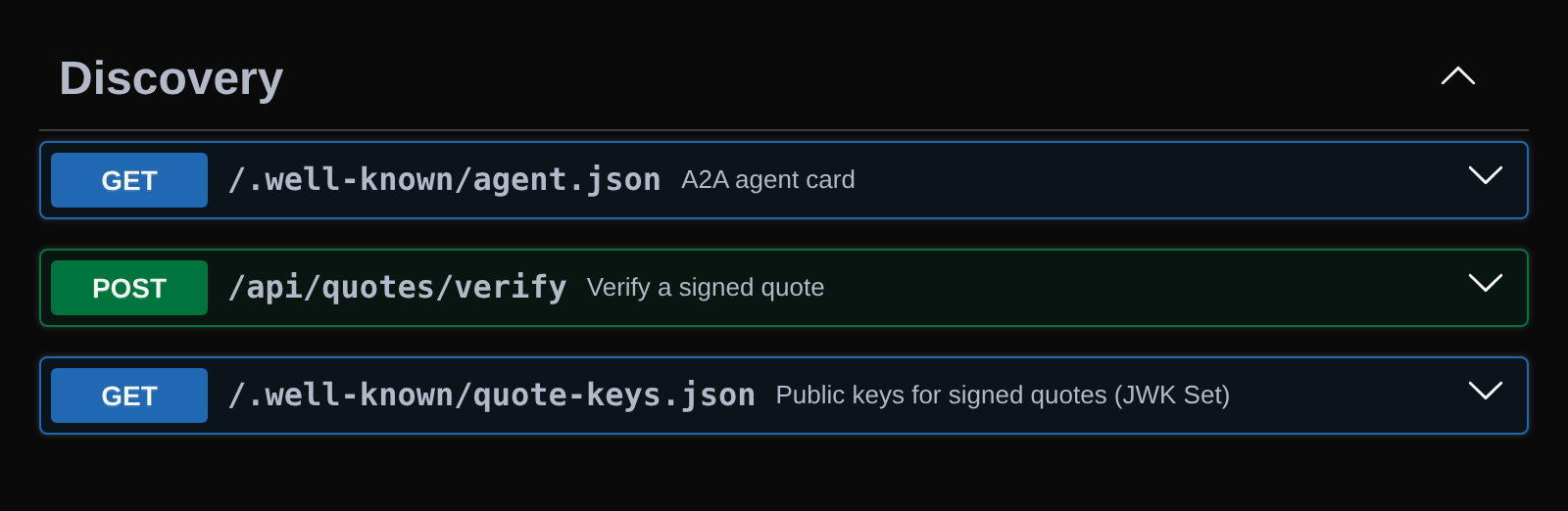 The API reference in dark mode showing the agent card, the quote verification call and the quote key set