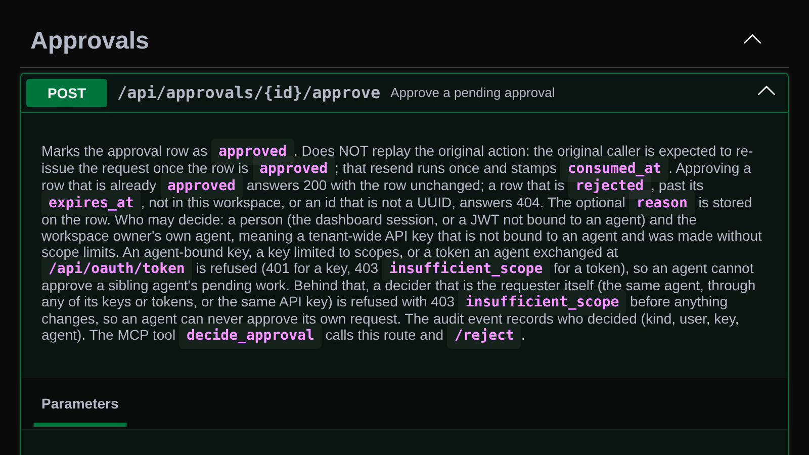 The API reference expanded for the approvals endpoints, showing the approve operation and who may decide.