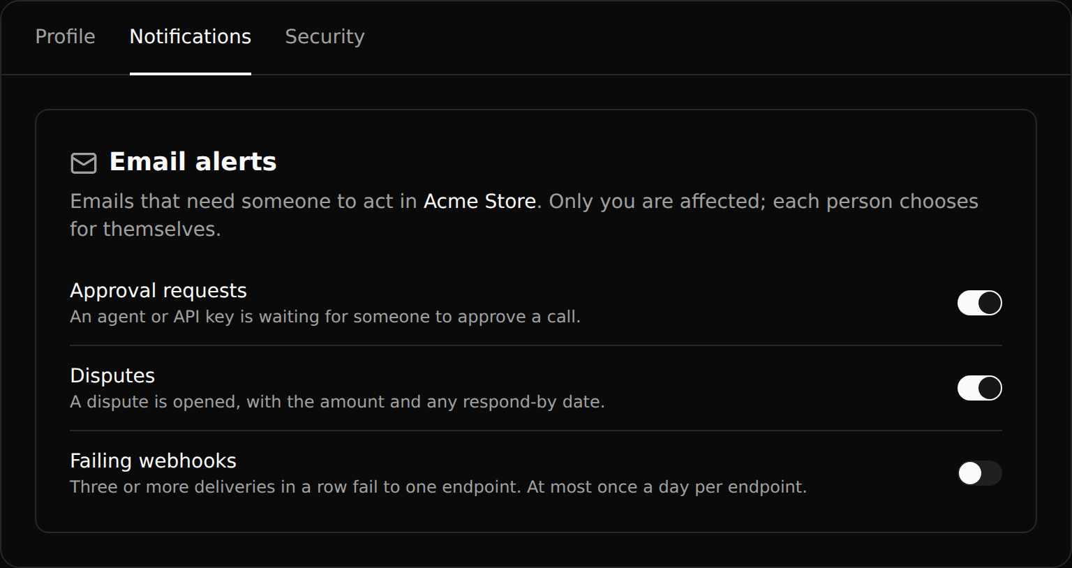 The Email alerts section of the Notifications tab in Profile, in dark mode, with switches for approval requests, disputes and failing webhooks