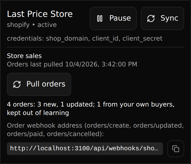 A Shopify connector card with its Store sales panel, a Pull orders button, the result of a pull and the order webhook address