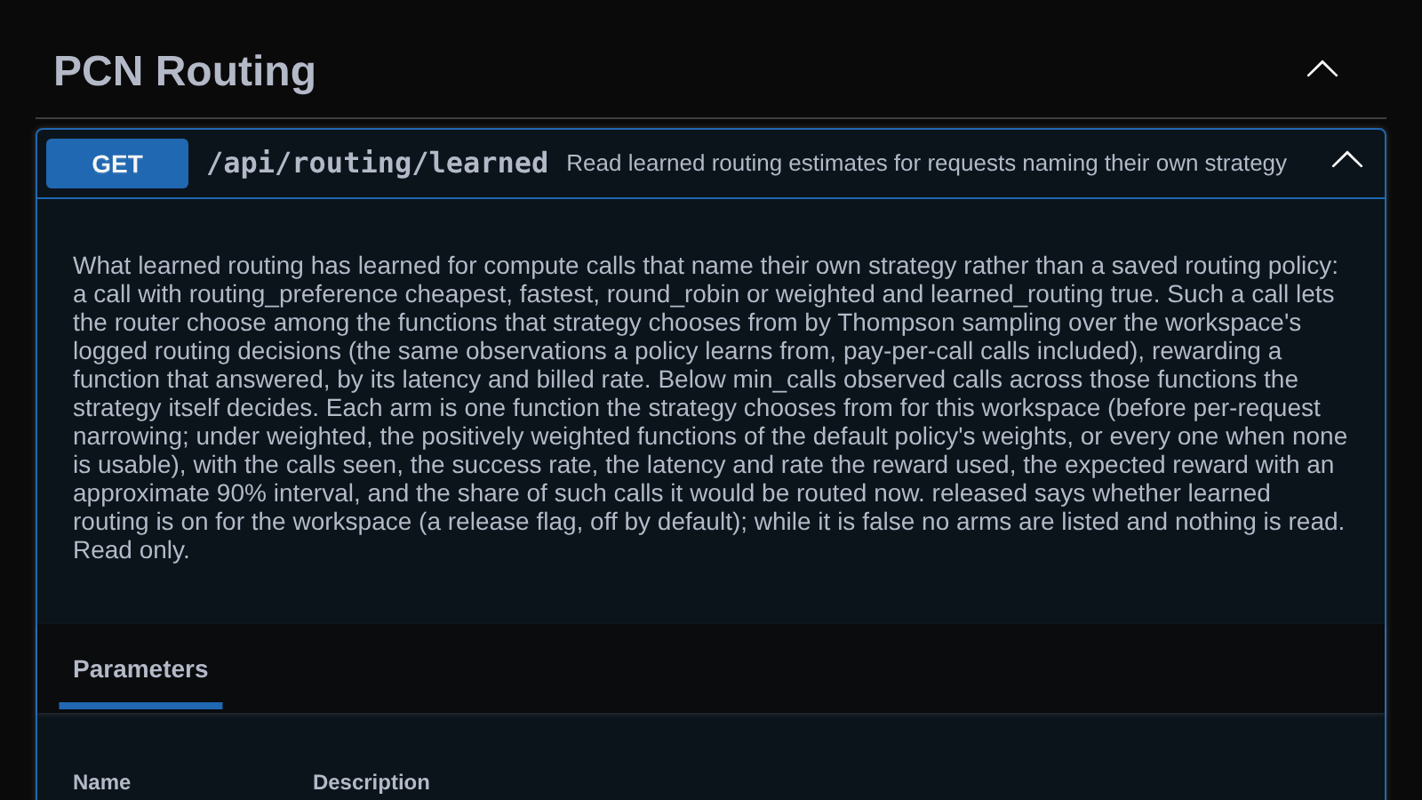 The API reference for reading learned routing estimates for requests that name their own strategy, in dark mode.