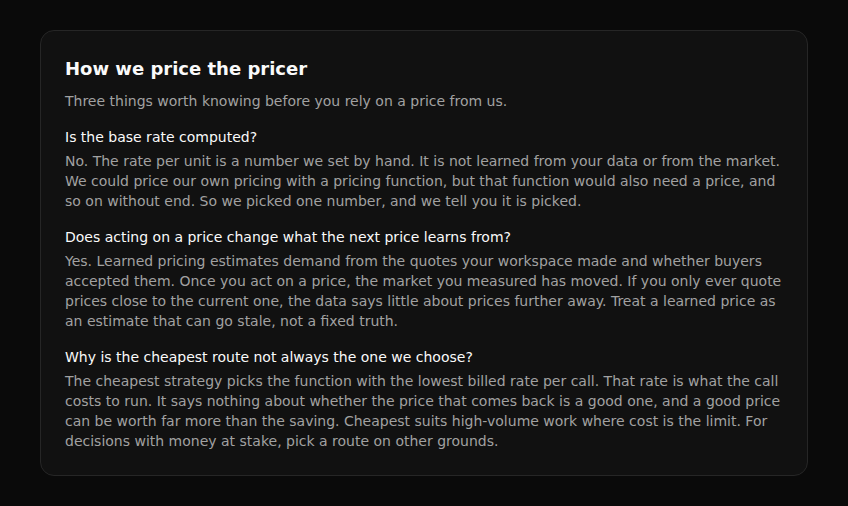 The How we price the pricer note on the pricing page, in dark mode, with three short answers