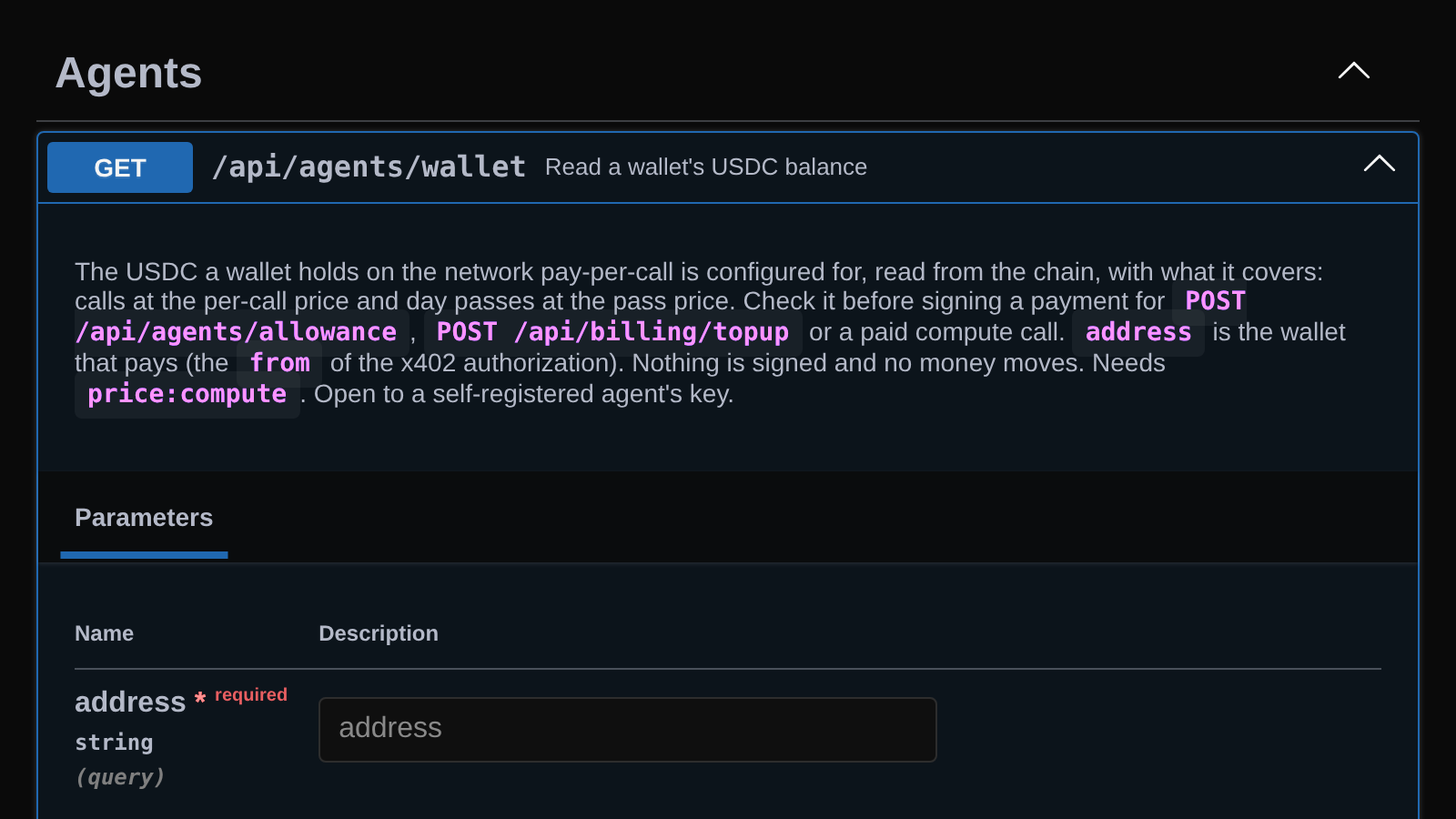 The API reference for reading a wallet's USDC balance, which the new get_wallet_balance tool calls.