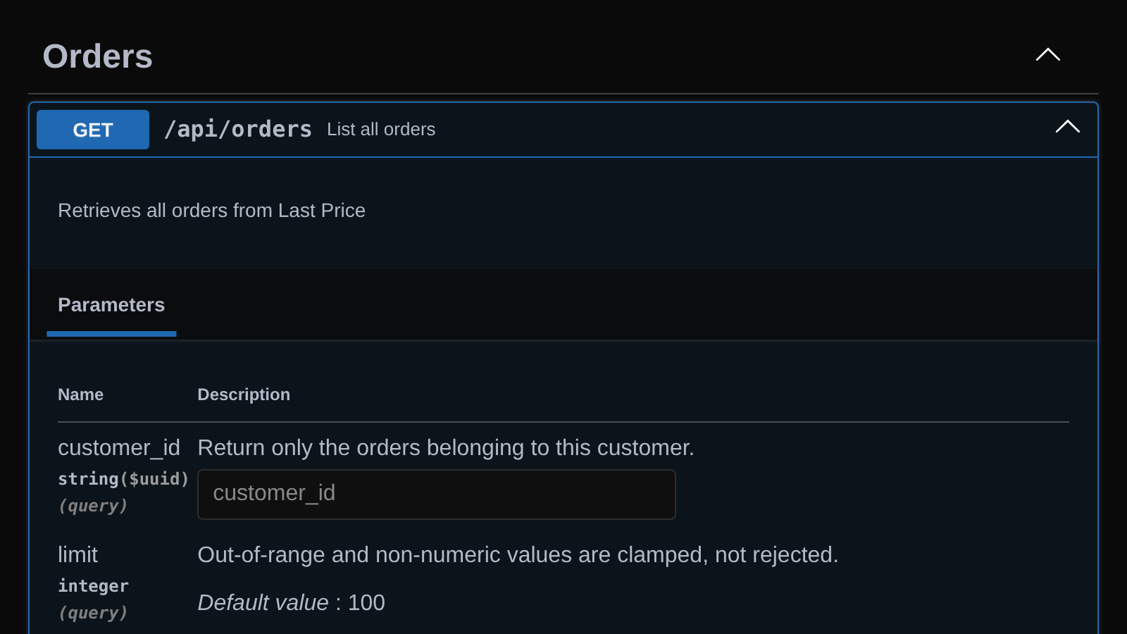 The API reference for listing orders, which the new list_orders tool calls.