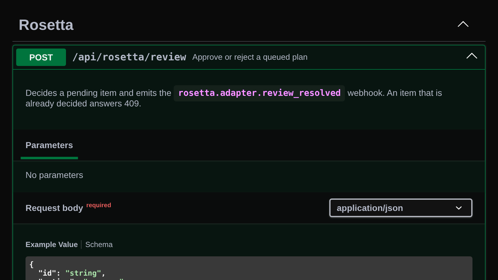 The API reference for the Rosetta review route, which refuses a decision from the credential that queued the item.
