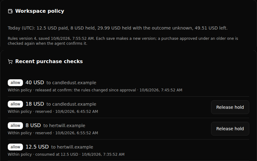 The Spend Policy page in dark mode showing the rules version line on the workspace policy, and a recent purchase marked released at confirm because the rules changed since approval