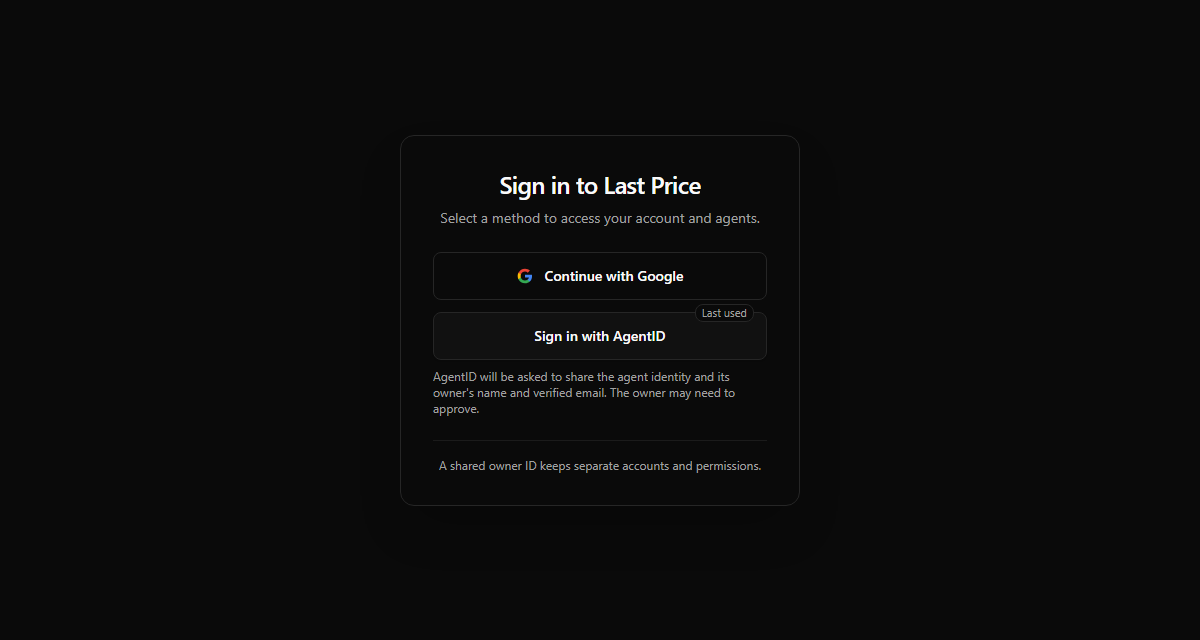 Sign in with AgentID option showing the pre-redirect disclosure for agent identity and owner details.