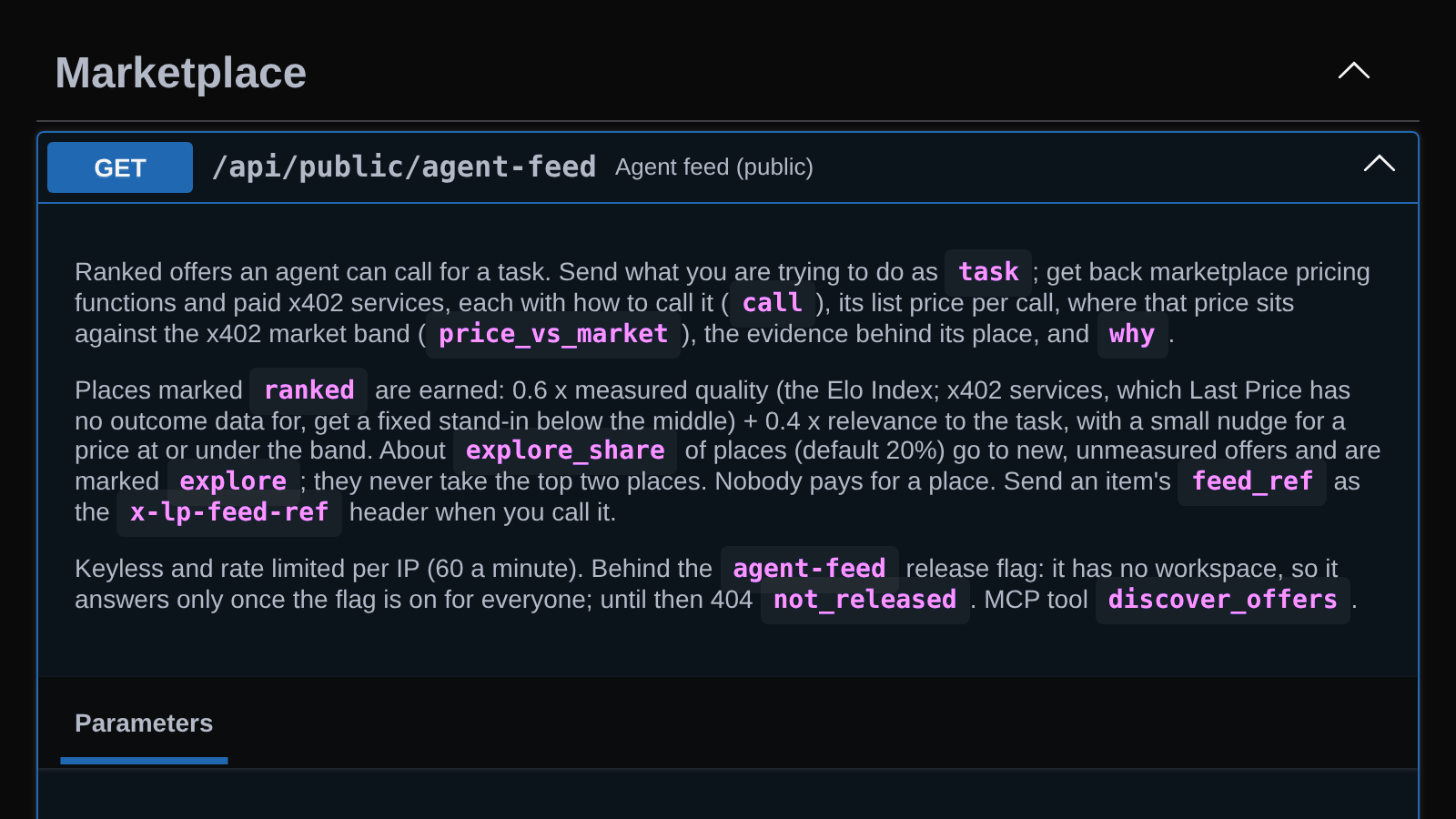 The agent feed endpoint in the API reference in dark mode, describing ranked and explore places and the feed reference header