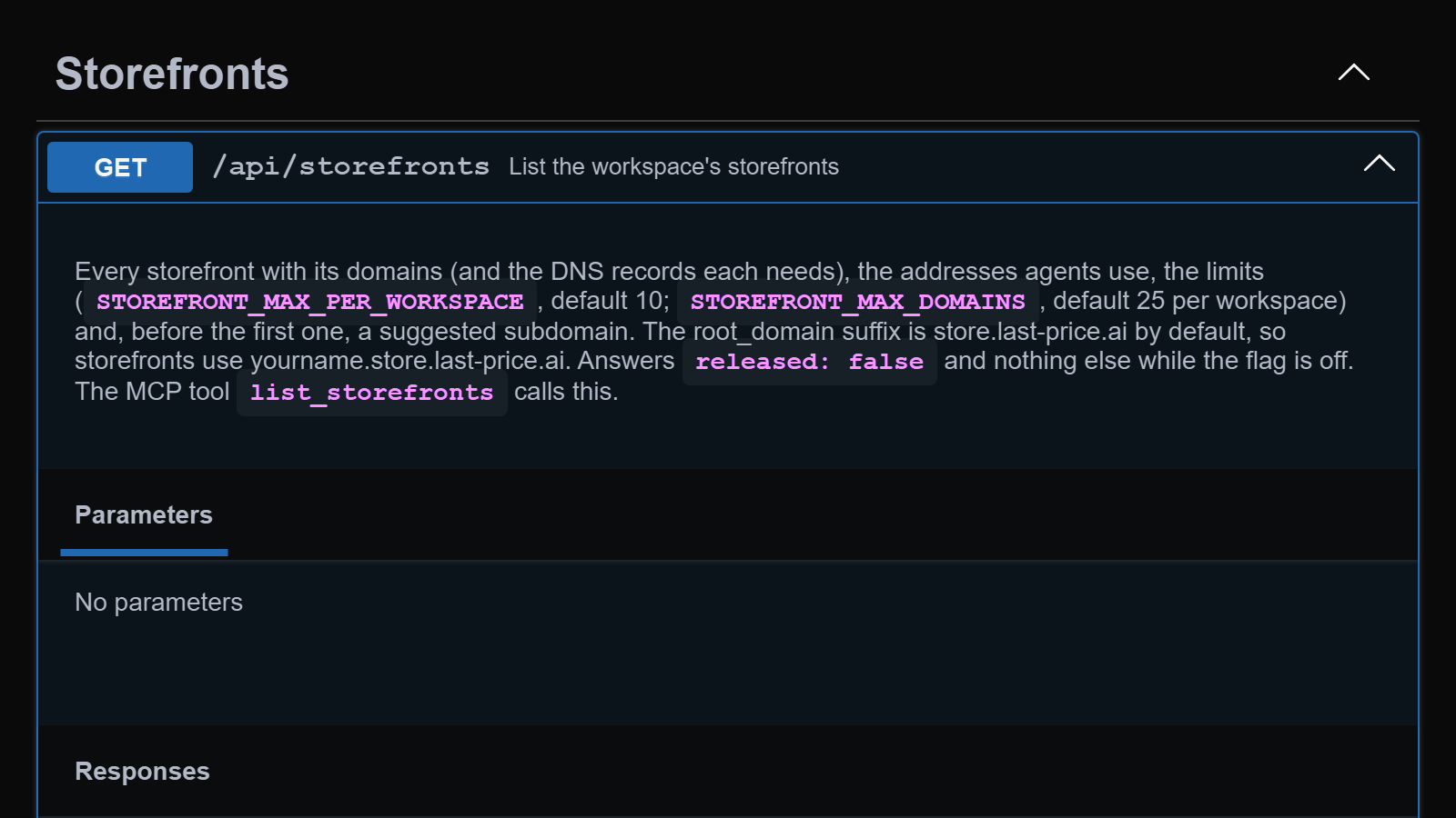 The Storefronts API reference in dark mode, with create a storefront and serve it on your own domain