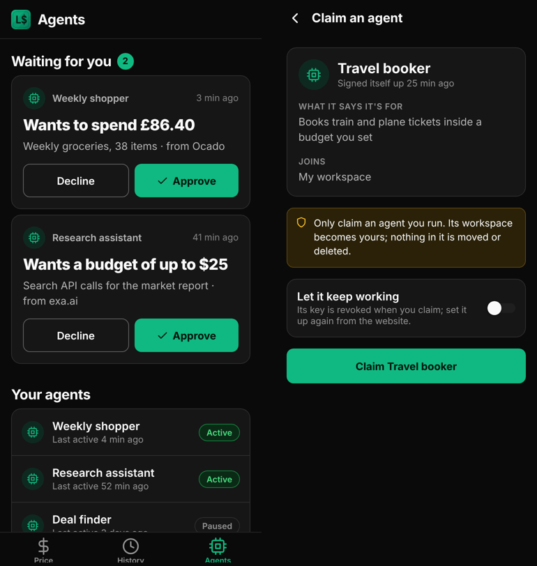 The mobile app's Agents tab in dark mode, with two agents asking to spend money, each with Decline and Approve, beside the screen for claiming an agent called Travel booker