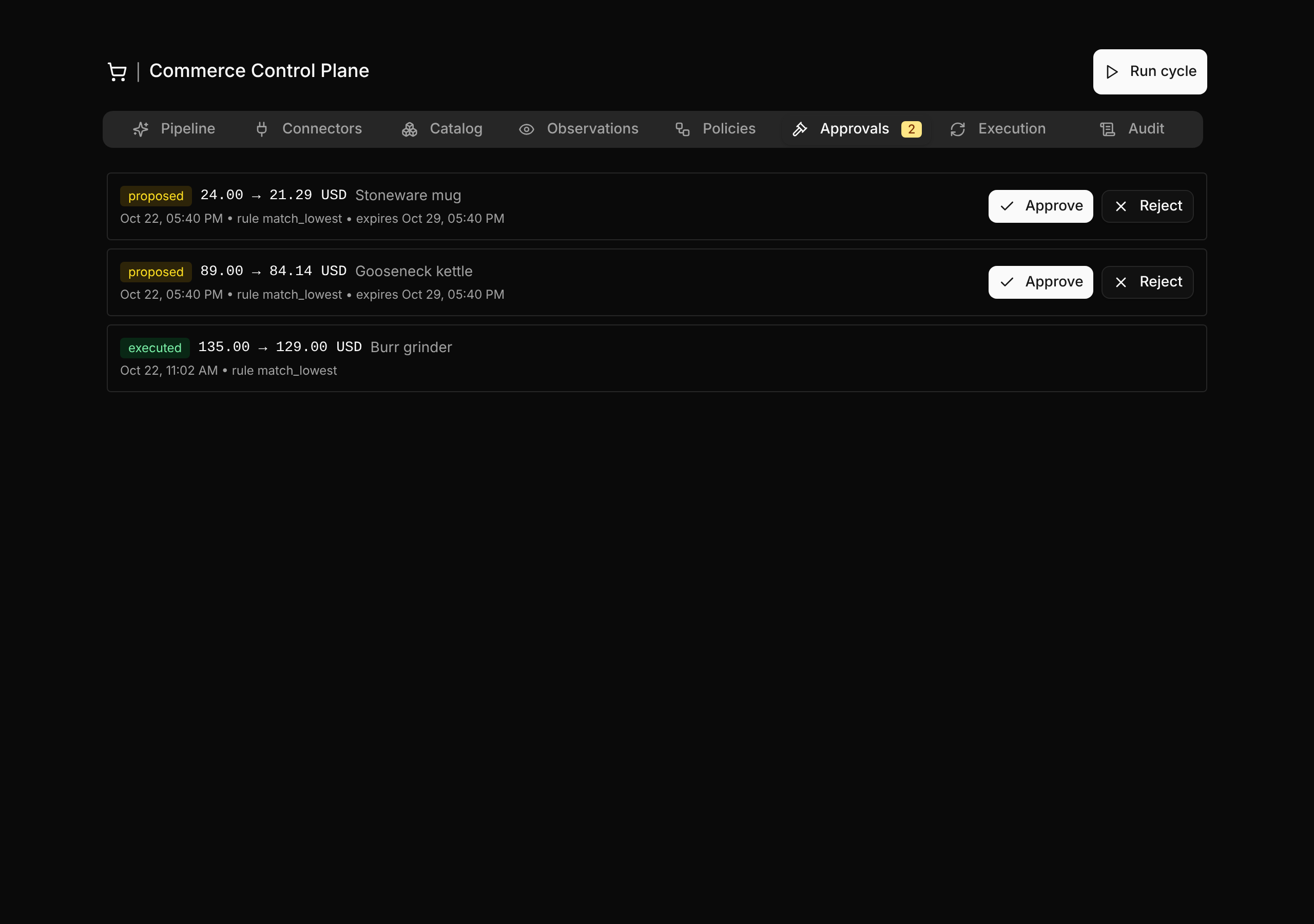 The Commerce page's Approvals tab, listing each price proposal with its product name and when it expires.