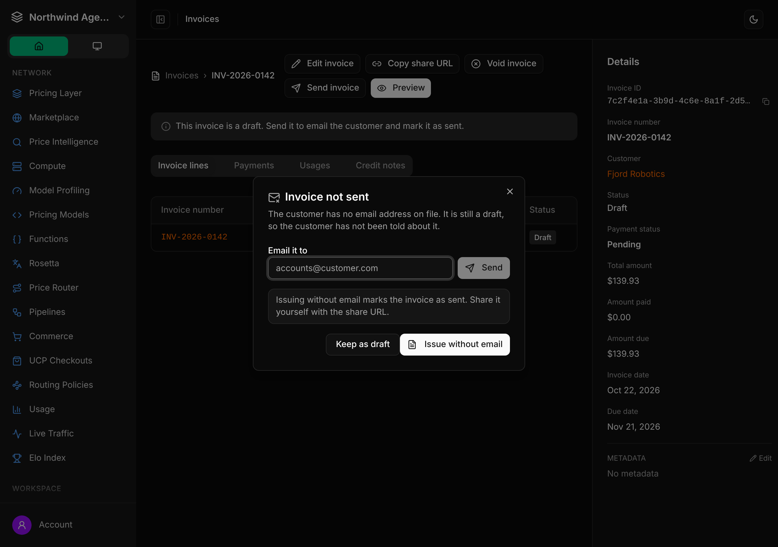 The Invoice not sent dialog on an invoice page, offering to email another address, keep the invoice as a draft or issue it without email.