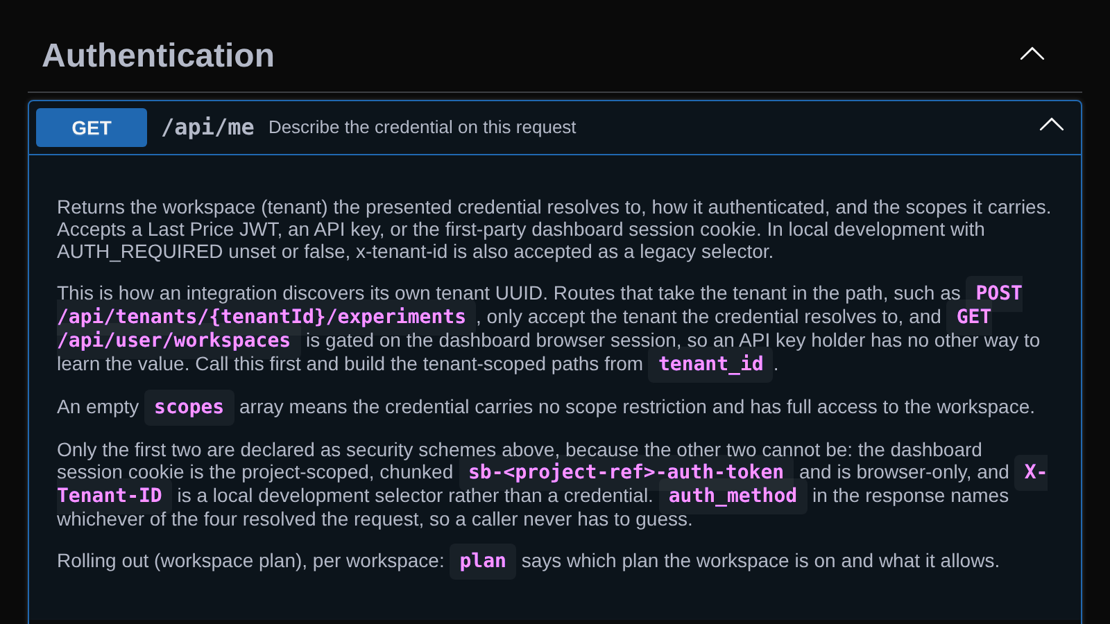 The API reference for GET /api/me, which now includes the workspace plan.