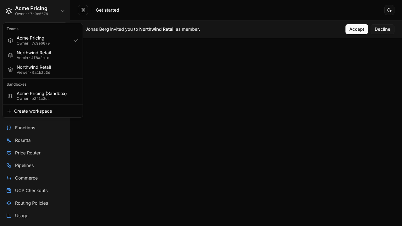 The workspace menu listing each workspace with its role and short id, with the selected one ticked.