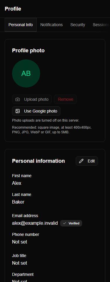 Dark profile screen on a phone with a fading tab row and a button naming the sign-in photo provider