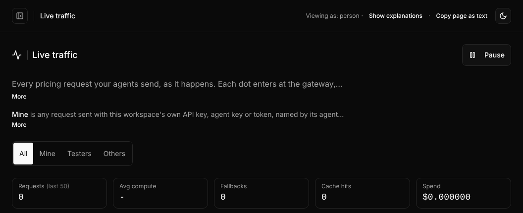 The Live traffic page with each explanation shortened to its first line and a More button, and the line Viewing as person with Show explanations in the header.