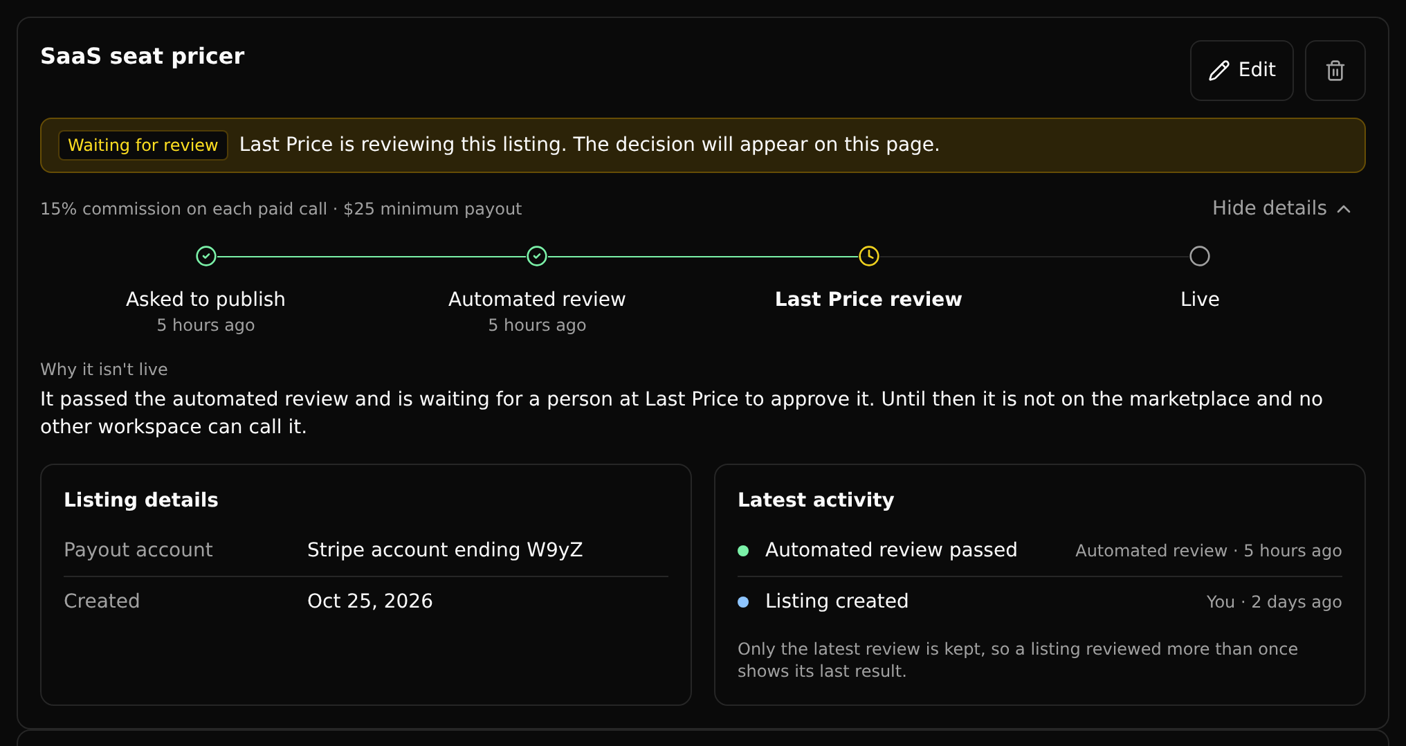 A listing marked Waiting for review, with Asked to publish and Automated review done, Last Price review waiting, why it isn't live, its payout account and latest activity.