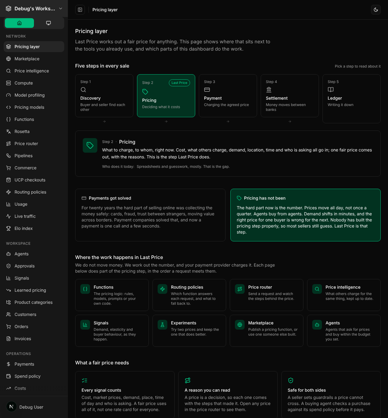 The Pricing layer page in dark mode, with five step cards for discovery, pricing, payment, settlement and ledger, pricing highlighted, and links to the dashboard pages that do the work