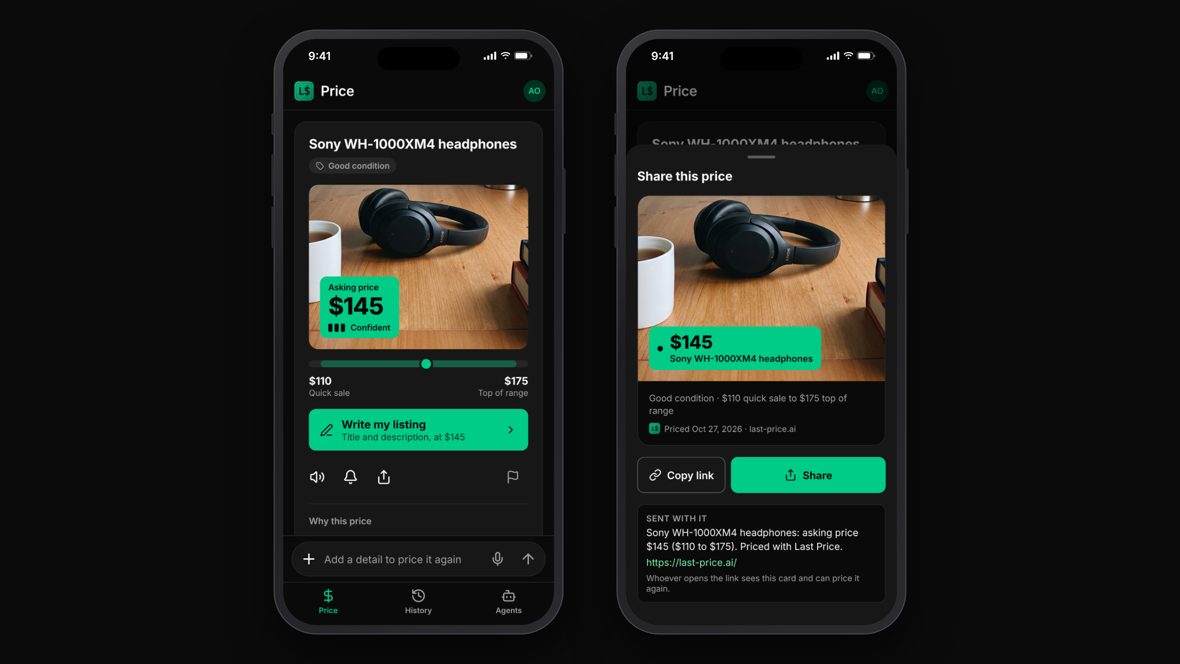 The mobile app's result showing the photo with its price tag on it, next to the share sheet with the saved card and its Share button.