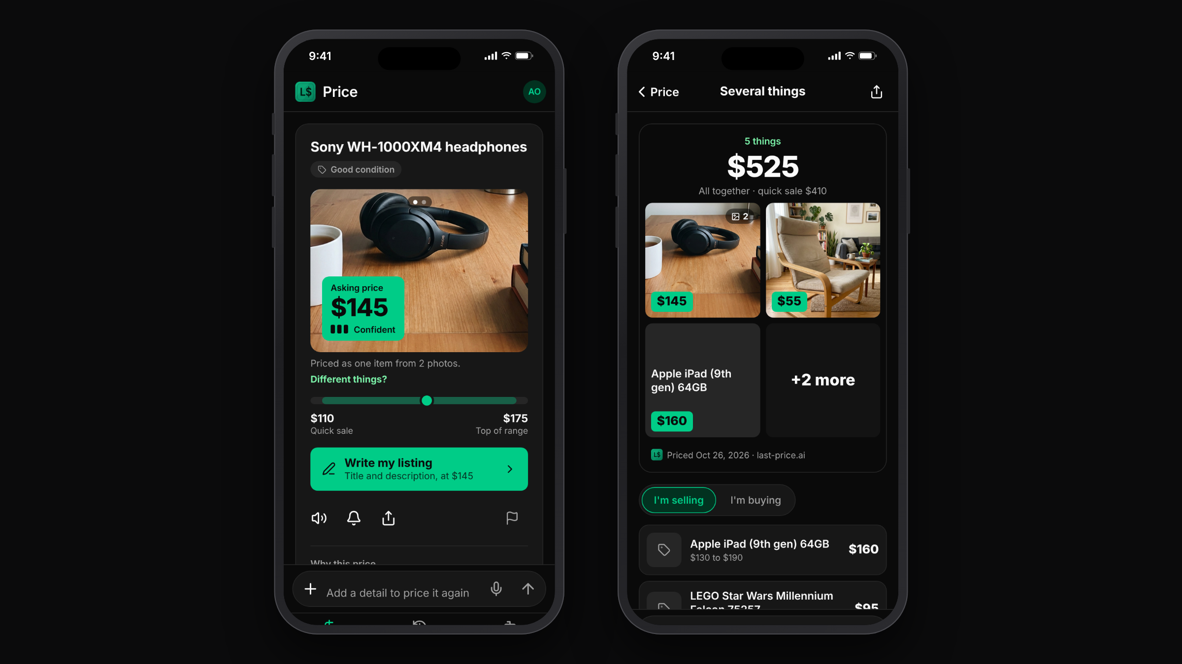 The mobile app showing one item priced from two photos you swipe through, next to a grid of several things, each photo with its own price tag and the total above.